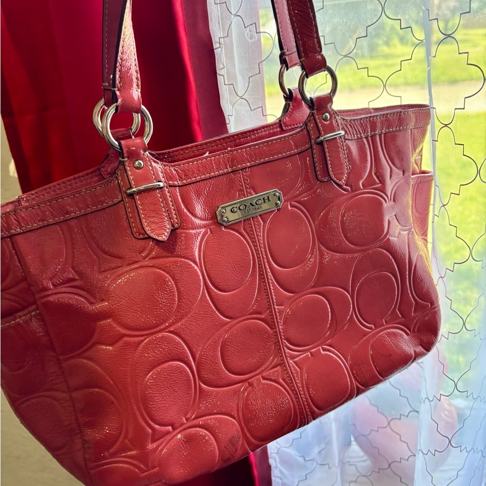 Coach Red Embossed Leather Tote Bag